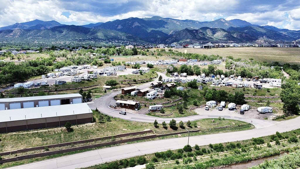 Aerial view of Foot of the Rockies RV park.